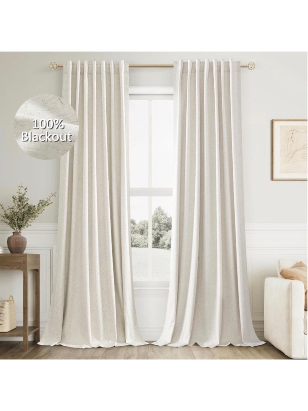 Guken Cream 100% Blackout Linen Curtains 96 Inch Length Ceiling to Floor 2 Panel